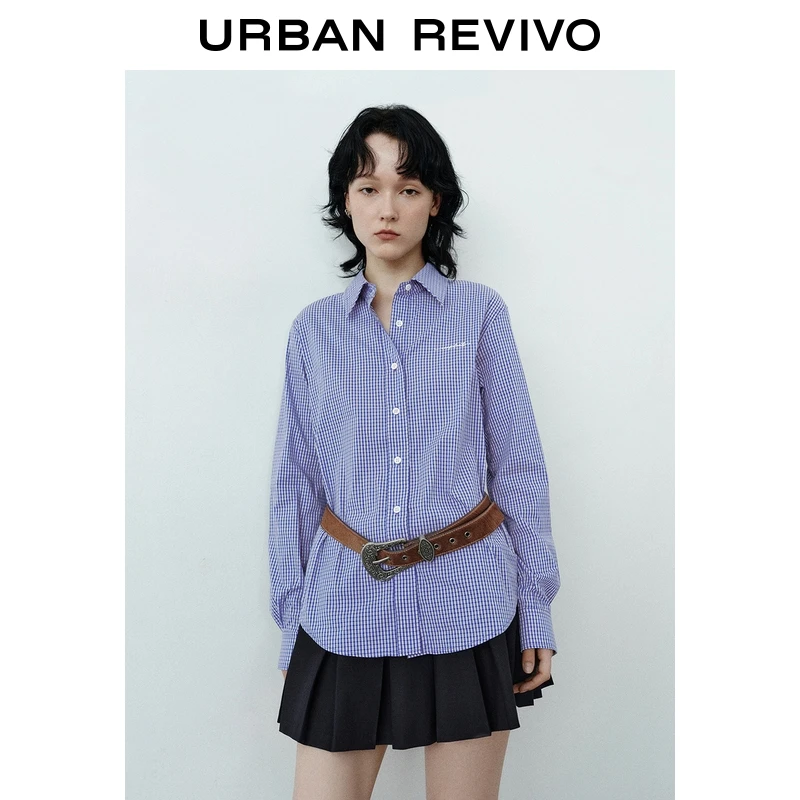 UR2025秋季新款女装简约通勤字母撞色格纹开襟衬衫UYY250081