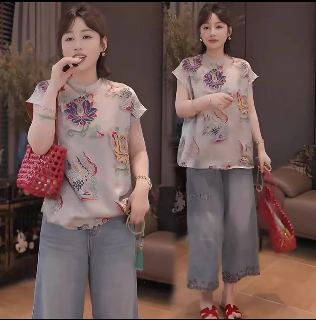 【凤莲】新中式斜襟立领短袖夏季薄款短袖上衣