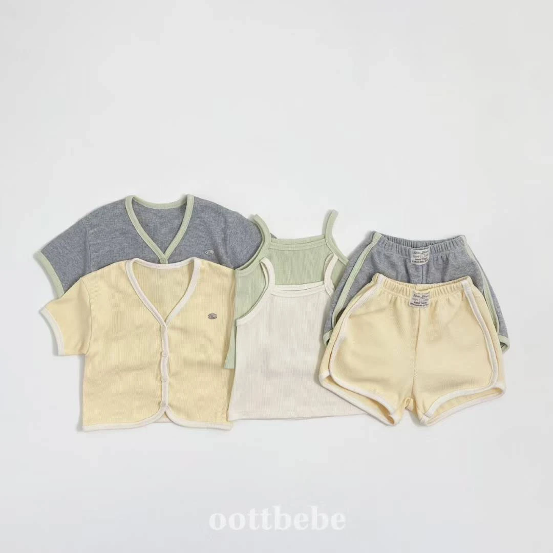 韩国星宝家25夏儿童撞色短袖外套吊带短裤套装