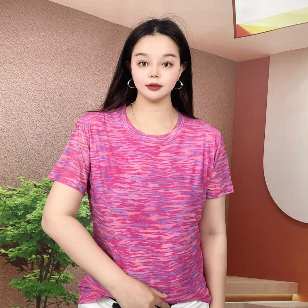 2025夏季新款时尚百搭显瘦气质肌肤纱短袖圆领T恤印花上衣A297