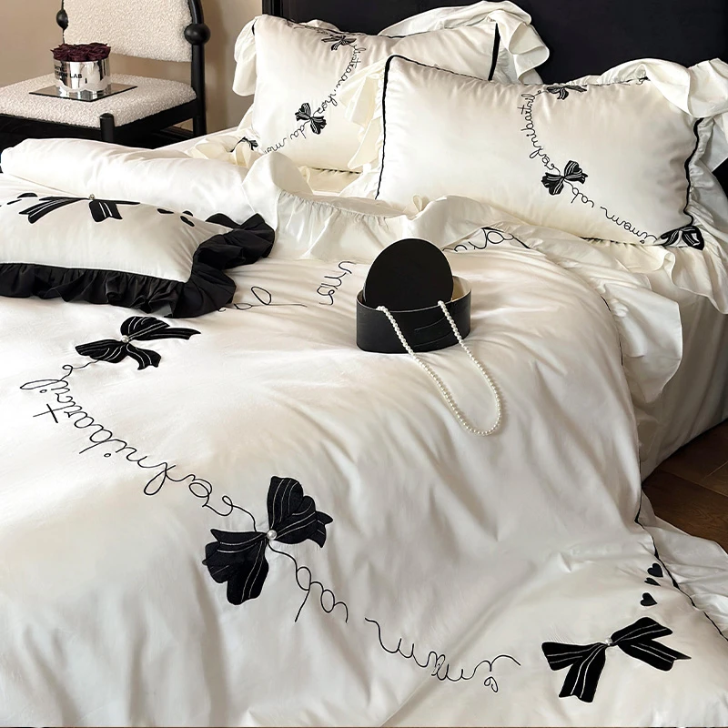 皇后娘娘浪漫公主风长绒棉四件套法式蝴蝶结丝绒贴布刺绣全棉被套