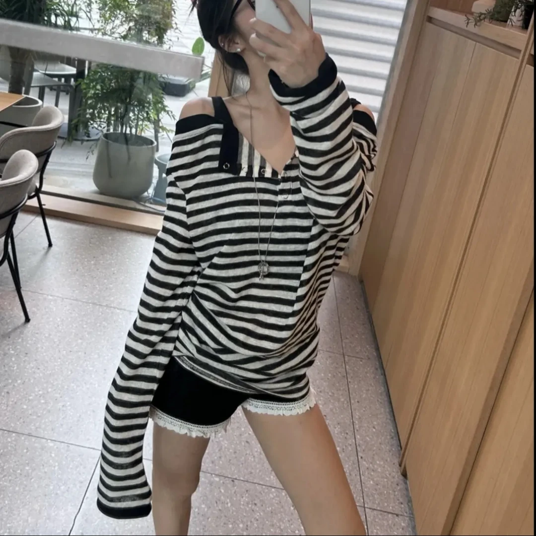 甜酷辣妹设计小众条纹假两件修身显瘦长袖T恤短裤套装