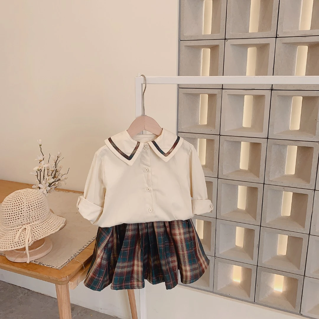 A 302949 春秋女童洋气新款童装衬衣学院风百褶裙套装
