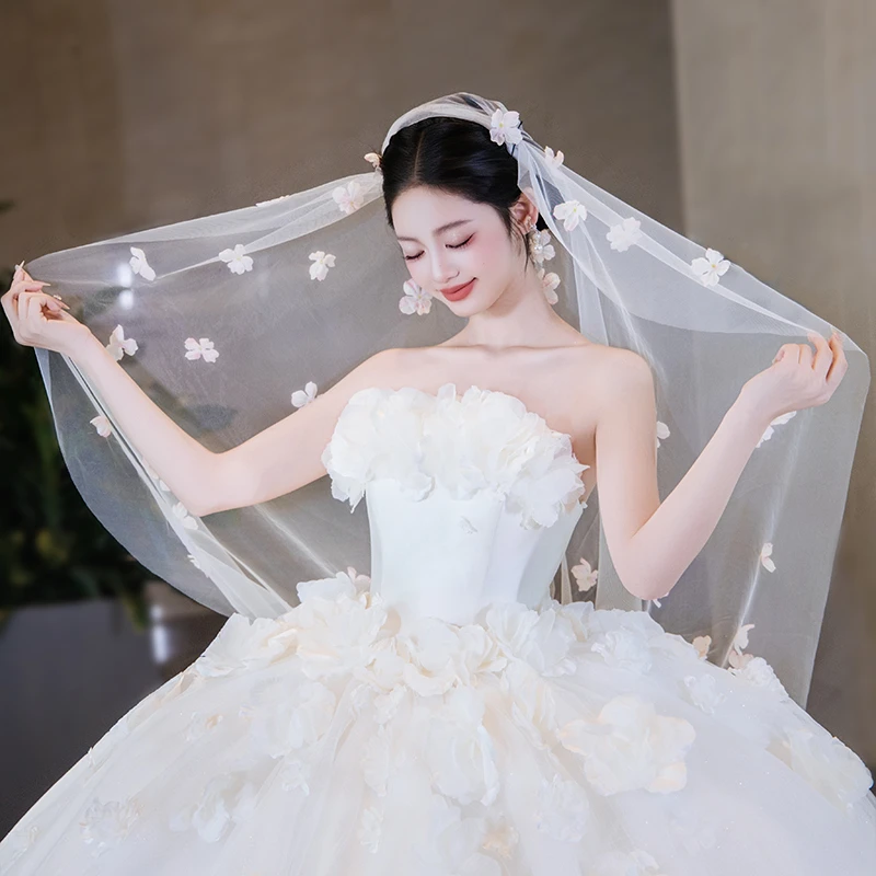 非金属布艺婚庆饰品 新娘结婚超仙飘逸拖尾白色花朵头纱女MC2766
