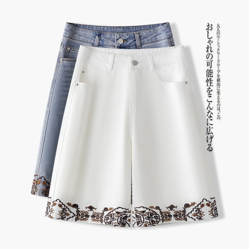 刺绣裤脚时尚五分牛仔短裤夏季欧货高腰显瘦直筒宽松A字阔腿中裤