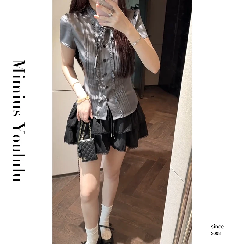 【mimius】U 高智感miu系立领蝴蝶结木耳花边衬衫 G05465