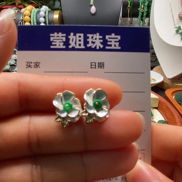 合金翡翠耳饰绿扣耳钉