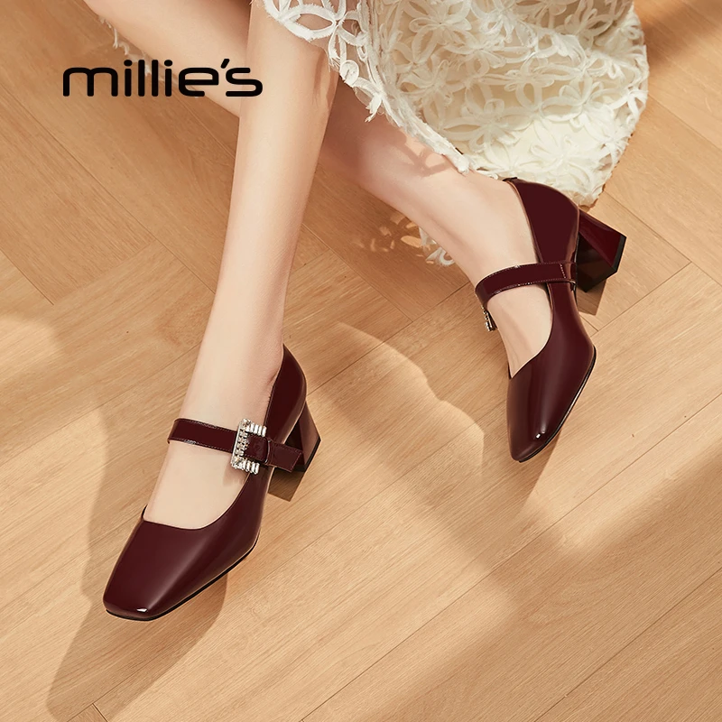 妙丽真皮粗跟玛丽珍鞋女2025新款春秋软底百搭方头单鞋中跟小皮鞋