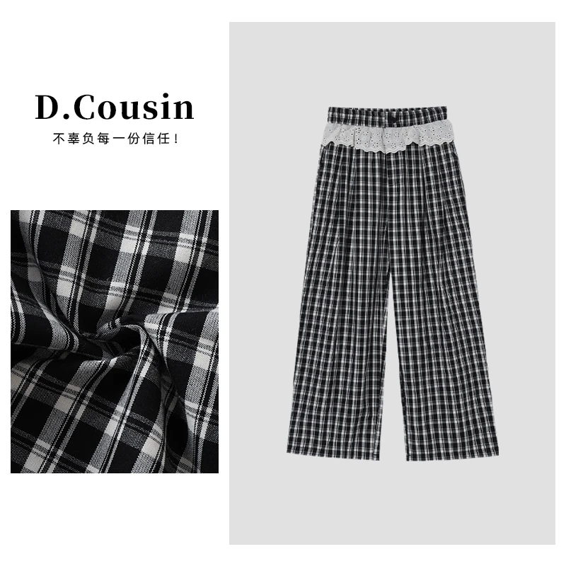 D.cousin  新款蕾丝花边拼接黑白格遮肉显瘦高腰阔腿裤  2370