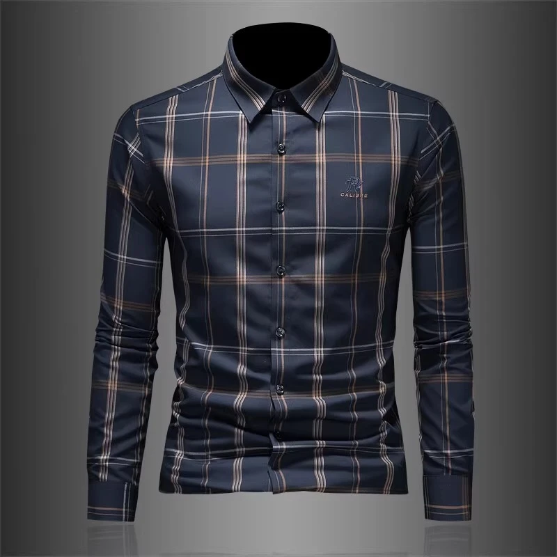 格子衬衫男士长袖2025春季新款商务休闲免烫中青年潮流印花衬衣男