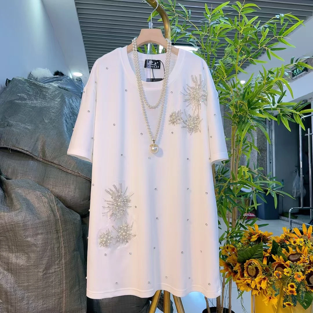 欧货时尚花朵钉珠遮屁股大码长款T恤胖妹妹显瘦韩版潮女百搭85135