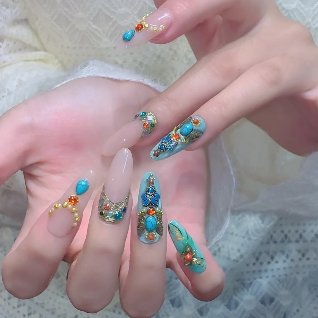 【绿松石】原矿绿松石复古风宫廷系列重工美甲国风小众设计感穿戴甲