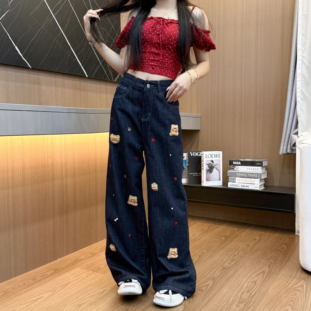 215美式小熊贴布刺绣牛仔裤女秋季百搭设计感阔腿长裤直筒拖地裤