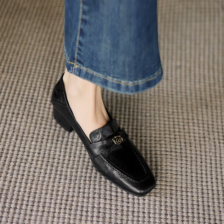 里外纯皮～头层羊皮4cm方头中跟百搭乐福鞋女浅口单鞋春秋简约粗跟