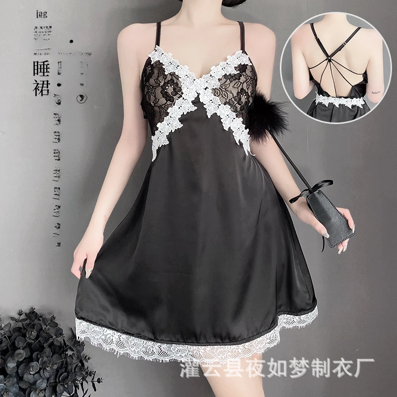 大码黑色蕾丝私房薄款宽松连衣裙吊带睡裙内衣家居服套装1471