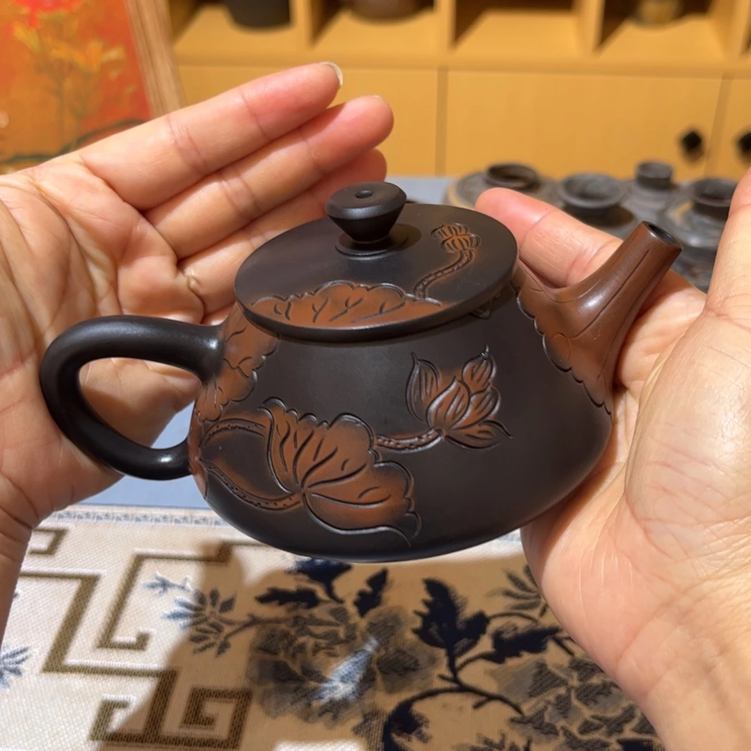 壶建水紫陶荷花线雕石瓢壶200cc