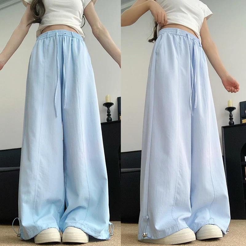 2025新款蓝色冰丝休闲阔腿裤女夏季薄款中线垂坠感速干凉凉直筒裤