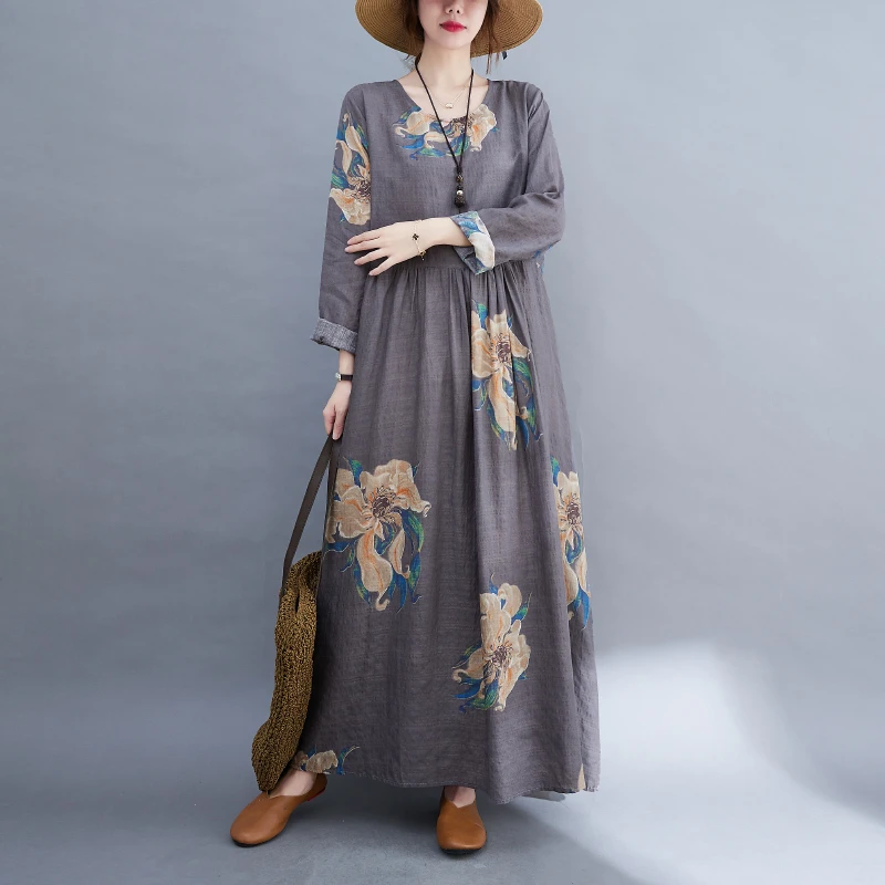 清仓捡漏~日系复古夏季碎花长袖棉麻连衣裙女长款气质显瘦大码裙