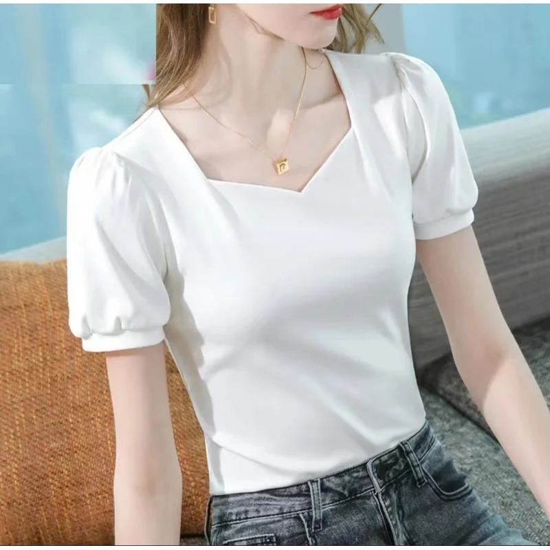 上衣公主风修身型短袖包袖方领T恤泡泡袖黑色纯色女士设计感简约