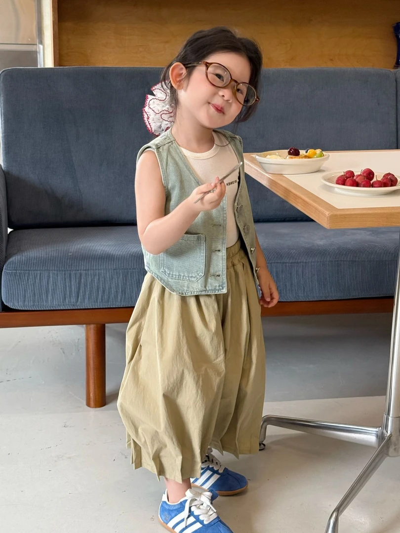 Bmy2025ss 夏季新款童装潮范儿牛仔马甲+内搭背心+花苞休闲裤套装