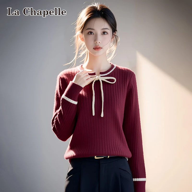 拉夏贝尔韩系撞色蝴蝶结系带针织衫女2026春秋季修身打底内搭毛衣