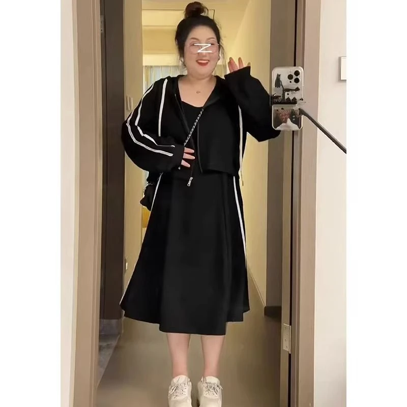 春秋款大码胖连帽宽松显瘦卫衣外套洋气吊带裙两件套女2-300斤