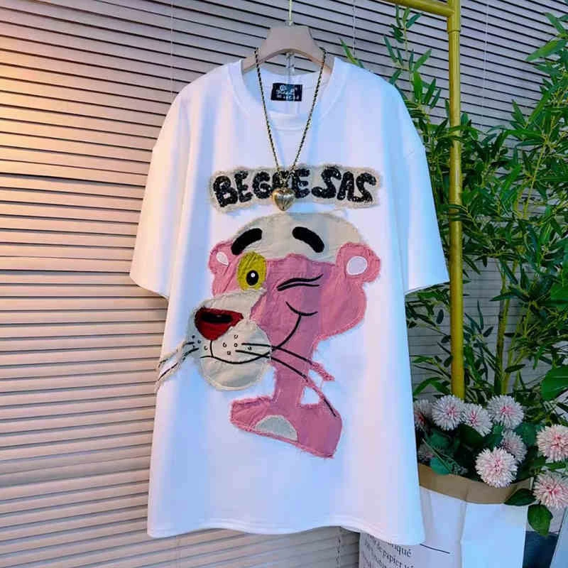 纯棉大码重工卡通贴布短袖t恤女夏季2025新款宽松显瘦时尚上衣女