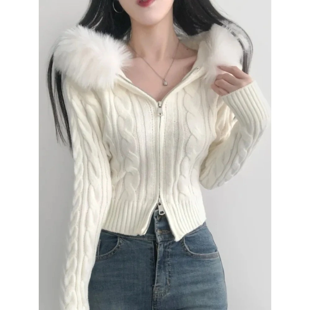 韩国chic秋冬时尚拉链毛毛领连帽针织衫修身加厚短款麻花毛衣外套