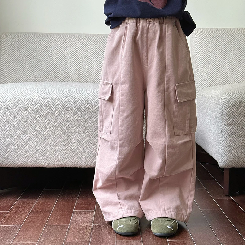 【新品】儿童舒适洗水棉口袋帅气女童秋束脚可收口拼接工装裤25F015