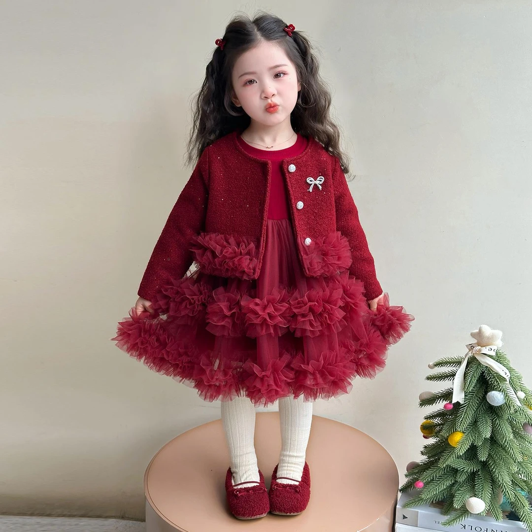 奥莱【品牌撤柜】女童连衣裙套装加绒冬装儿童冬季拜年服过年闪亮新