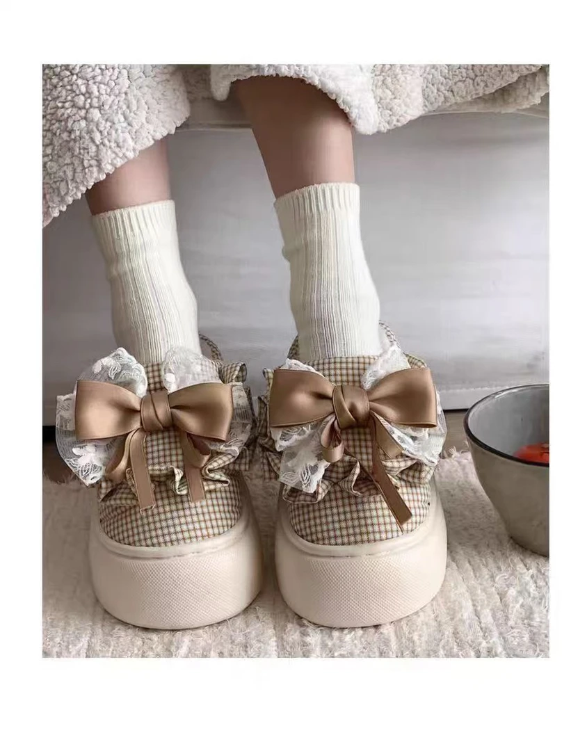 2025新爆款蝴蝶结方格加厚加绒棉鞋