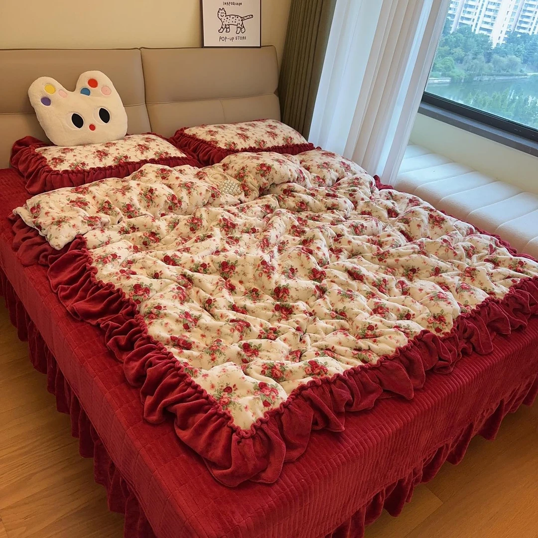 水星高端适用家纺法式公主风牛奶绒床盖四件套冬季加厚双面珊瑚绒
