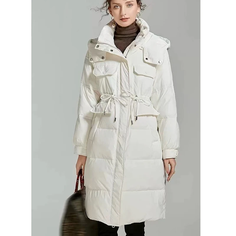 冬季羽绒服长款女2024双抽绳大被子韩版束腰保暖时尚简约休闲外套