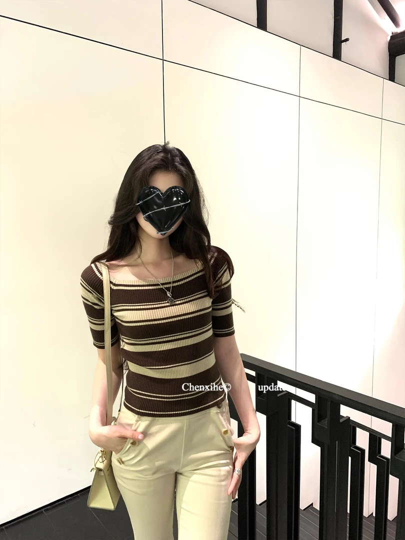 一字肩条纹毛织短袖女2025夏季新款露肩修身御姐短款上衣