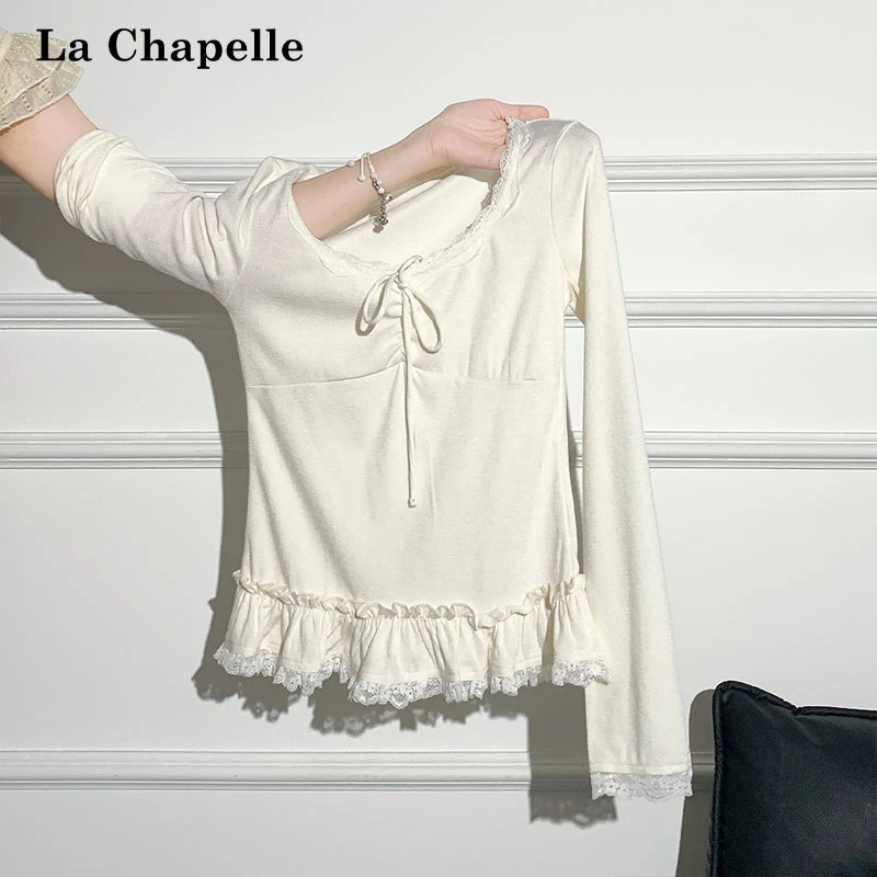 拉夏贝尔纯欲风蕾丝系带U型领长袖T恤女秋季木耳边下摆绝美小上衣
