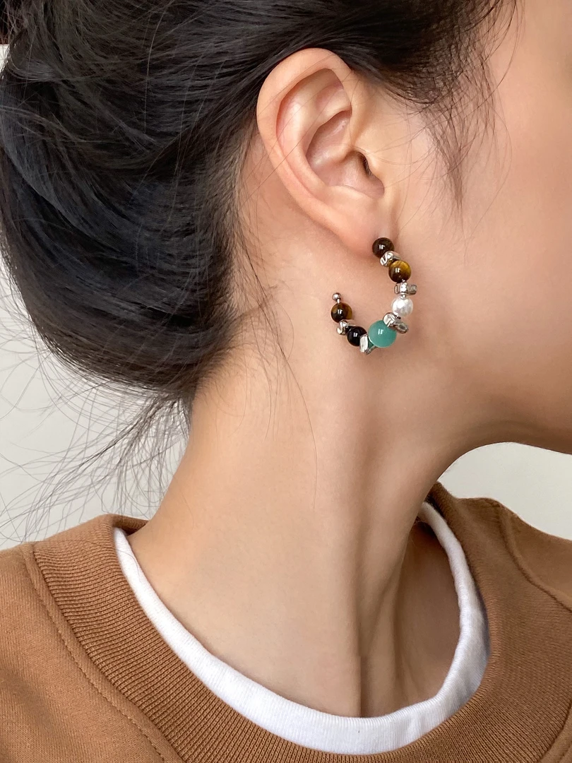 铜合金耳饰 美拉德虎眼石撞色耳圈c形耳环女秋冬轻奢气质耳钉耳饰