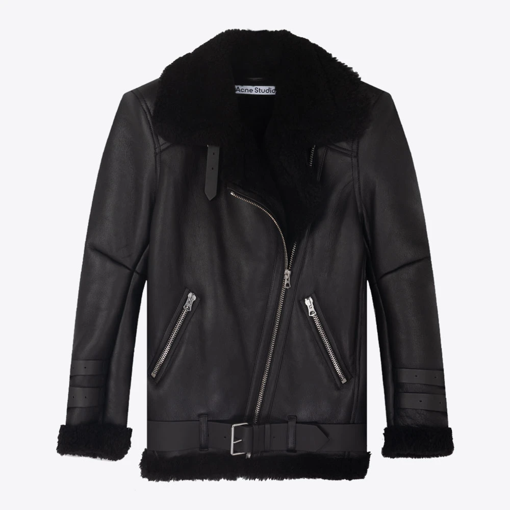 Acne Studios牛皮斜拉链保暖男休闲毛领夹克皮衣外套A70079-Z32