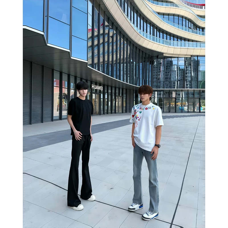 纯黑色微辣喇牛仔裤男款美式高街炸街痞帅裤子夏季修身显瘦直筒裤