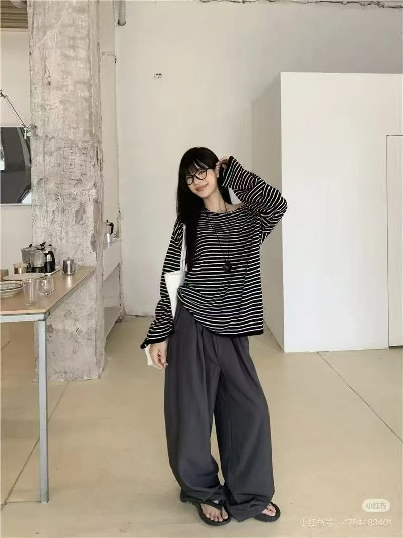 条纹撞色金扣开衫百搭秋款上衣裤子套装#9055（颜色以直播间为准）