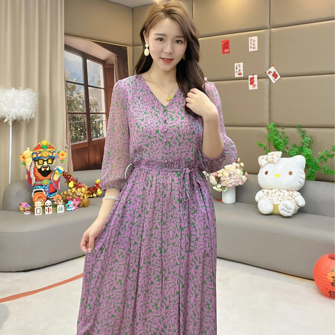 《俏俏推荐》优雅气质碎花V领腰带单层真丝连衣裙 90022