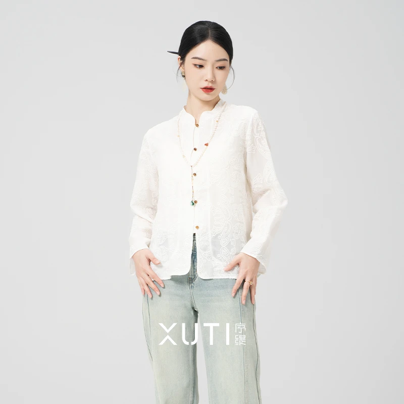 序缇『望舒白』新款春夏复古国风新中式女装桑蚕丝上衣H80-6097