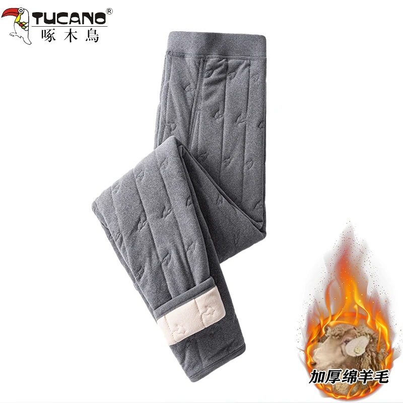 啄木鸟冬季男士绵羊毛内胆保暖裤加绒加厚居家裤中老年高腰保暖裤
