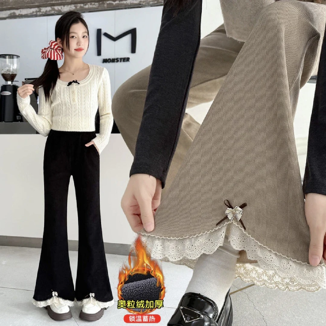 女童休闲微喇裤子秋冬款中大童高腰显瘦加绒裤儿童冬装加厚喇叭裤