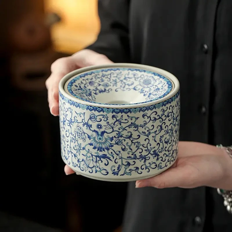 汝窑国风烟灰缸防飞灰缠枝莲茶洗陶瓷茶渣缸水盂杯洗家用茶具配件
