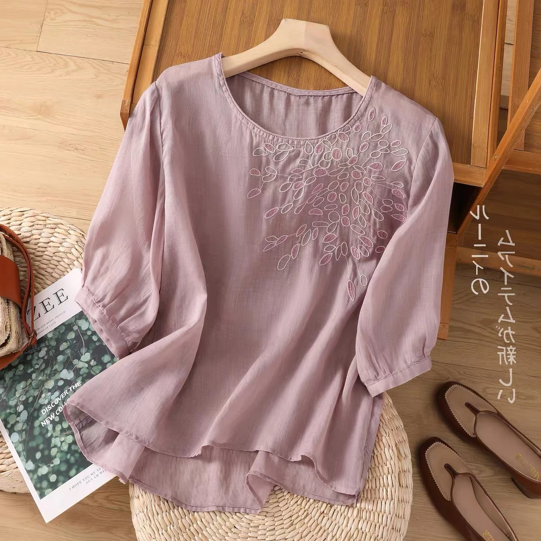 【当天发+退换包邮】夏季复古刺绣棉麻女范宽松显瘦薄款短袖上衣492