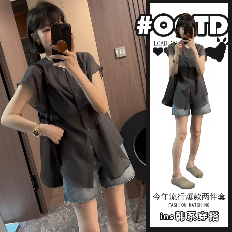 欧货重磅早春夏季时尚休闲短袖衬衫女2025新款百搭休闲短裤两件套