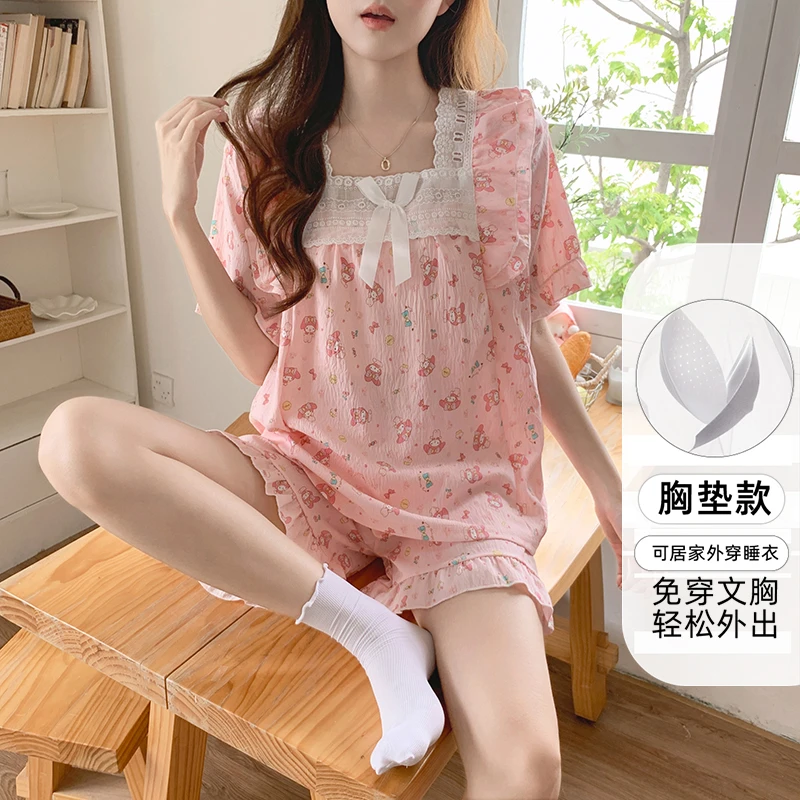 睡衣女夏季短袖套装新款薄款女士带胸垫可外出公主风家居服夏天