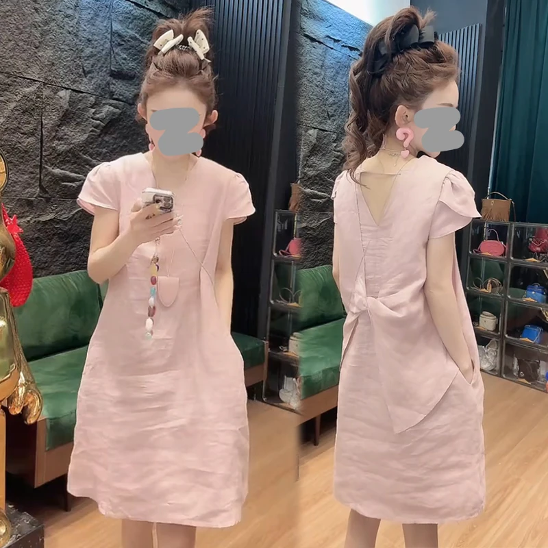 2025夏季新款短袖V领连衣裙女生韩版纯色显瘦遮肚设计感洋气裙子