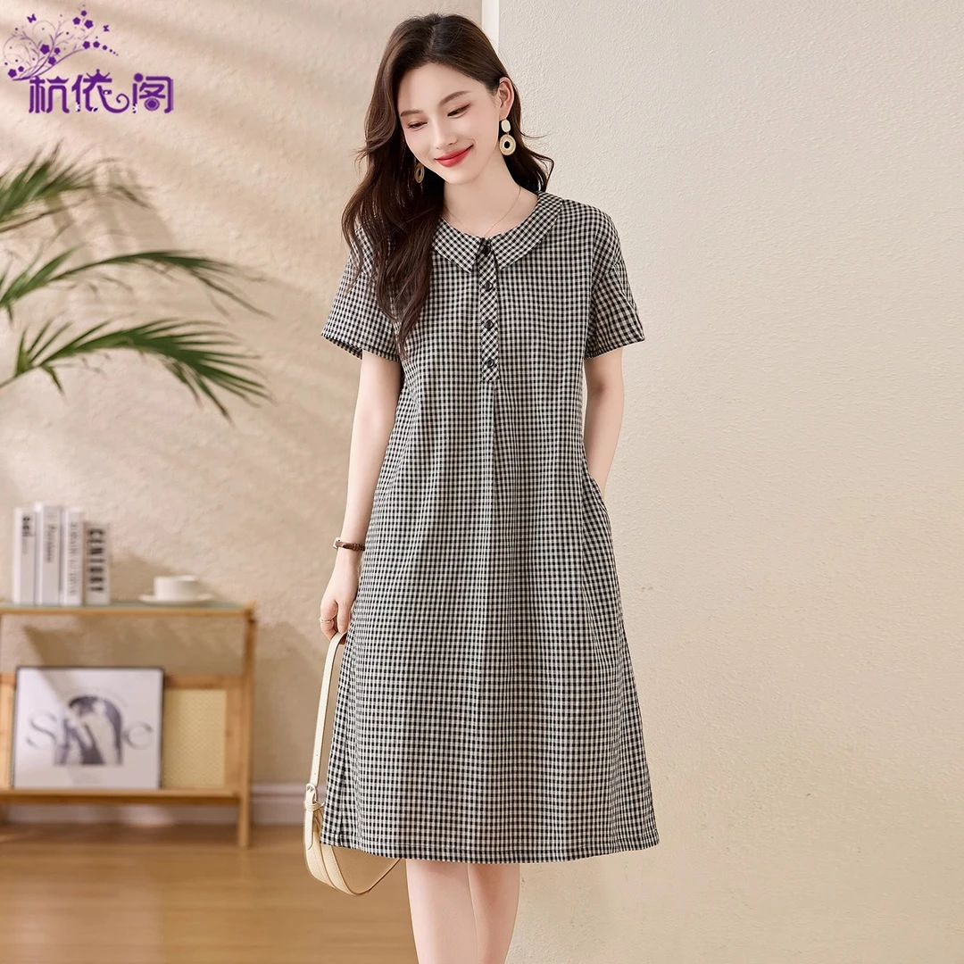 格子连衣裙女夏季2025新款小个子宽松遮肚显瘦休闲娃娃领减龄裙子