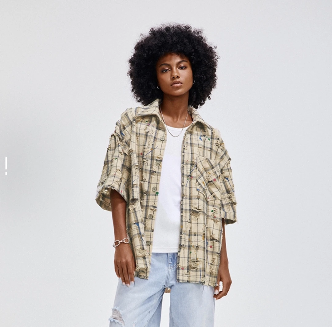 G02(ST)-K4662-BON散边格子设计时尚短袖衬衫